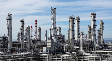 Industrial oil refinery with tall metal towers and pipelines under a blue sky