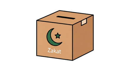 Islamic charity donation box with crescent moon and star symbol on brown cardboard