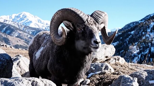 Majestic ram with large curved horns stands on rocks with snow-capped mountains in background