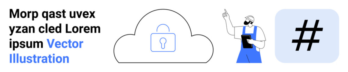 Obraz premium Cloud with lock icon signifying data security, engineer with tablet, and metadata tag symbol. Ideal for cybersecurity, technology, cloud services, encryption, IT solutions, networking simple landing