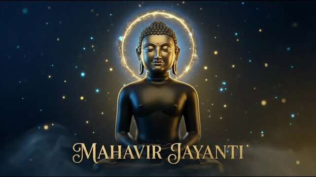 A dark, spiritual 3d rendering of mahavir jayanti meditating with a golden halo against a cosmic blue background.