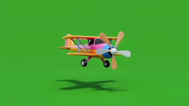 Colorful animated biplane toy in cartoon style hovering slightly and spinning its propeller