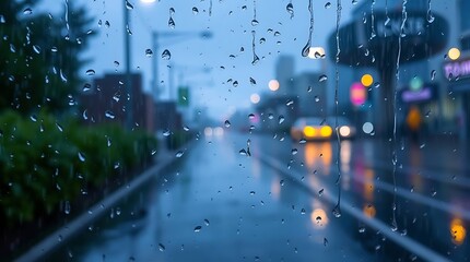 Obraz premium Raindrops on glass with blurred city street view at night.