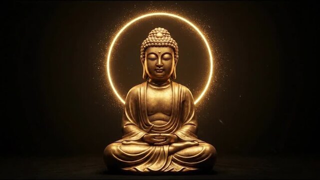 Golden mahavira statue meditating with a glowing halo on black, symbolizing serene janma kalyanak and mahavir jayanti.