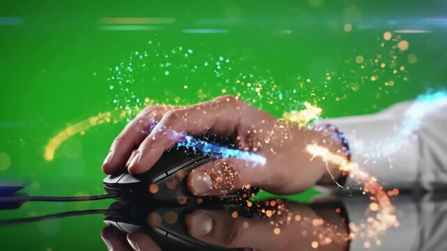 Green Screen office guy using chromakey computer closeup worker hand holding mouse device scene 3 with distortion, overlay, glitch, static noise, scan lines on black background, 4k animated video loop