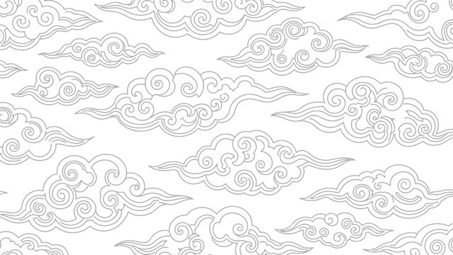 Detailed black and white outline illustration of swirling traditional oriental auspicious clouds creating a seamless Asian cultural pattern design background