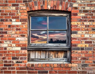 Old window in brick wall reflecting a beautiful sunset sky