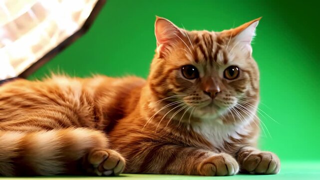 Green Screen ginger cat lying and looked around on a scene 2 with distortion, overlay, glitch, static noise, scan lines black background, 4k animated video loop
