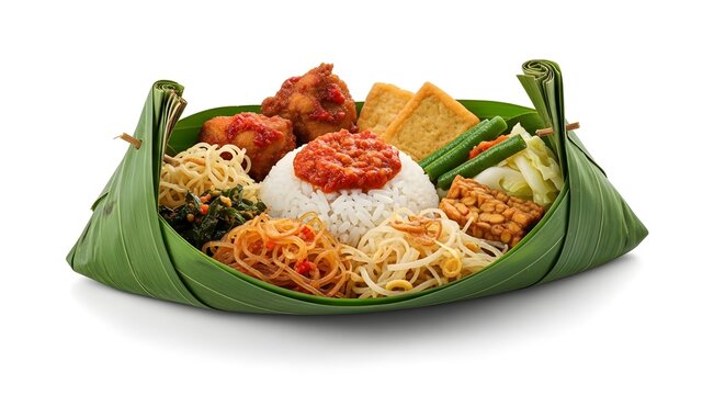 Nasi Jamblang Traditional Cirebon Rice Dish Isolated on White Background
