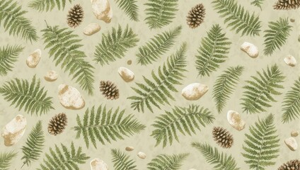 A pale green background is decorated with scattered fern fronds, pine cones, and light beige stones.  The image has a textured, slightly distressed look