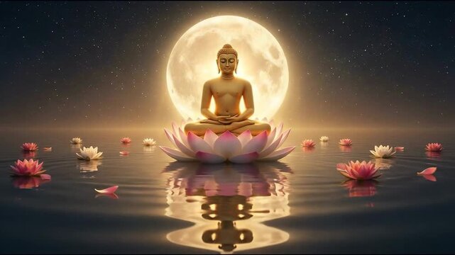 Golden statue of mahavira meditating on a glowing lotus under a huge full moon, symbolizing janma kalyanak.