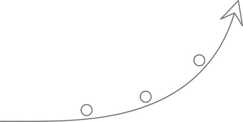 Simple line art depiction of a curved upward trajectory line featuring three distinct small circles progressing towards an arrowhead indicating growth or success.