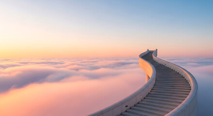 Fototapeta premium Curved staircase rising above the clouds at sunrise or sunset.
