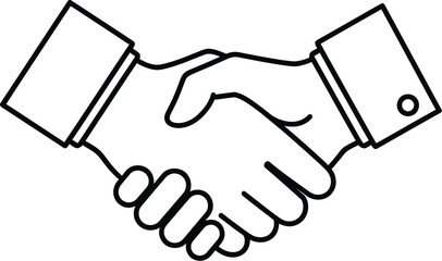 Simple black and white outline drawing of two business hands clasped together in a professional firm handshake signifying partnership agreement or deal closure