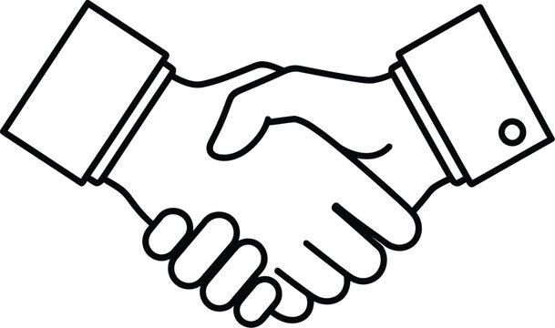 Simple black and white outline drawing of two business hands clasped together in a professional firm handshake signifying partnership agreement or deal closure