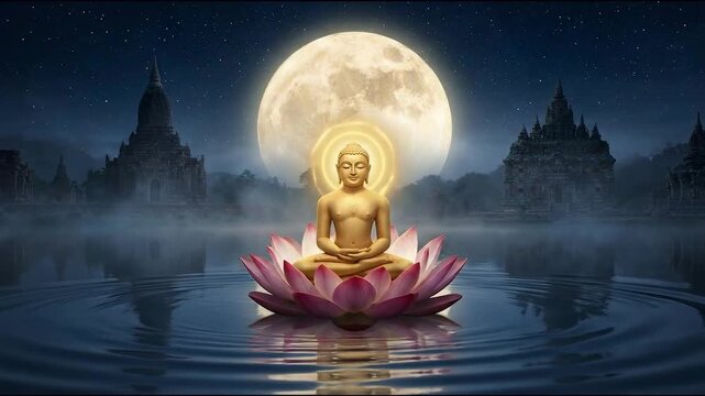 Golden glowing mahavira meditating on a pink lotus in a serene, mystical digital illustration under a brilliant full moon.