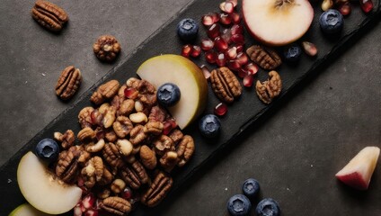 Dark slate platter filled with nuts, fruits, and berries