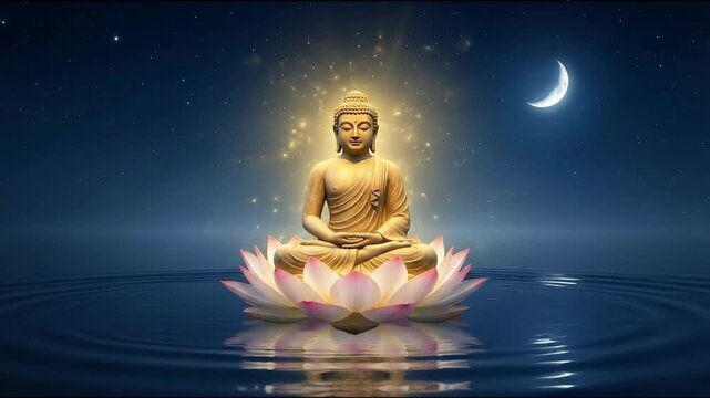 Mystical golden mahavir janma kalyanak statue meditating peacefully on a lotus flower in a dark, serene setting.