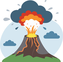 A cartoon vector illustration of smoke from the fire burning in the blue summer sky nature landscape with a rainbow and sun among the clouds