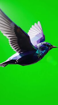 Green Screen low poly black bird flying animation loop on scene 2 with distortion, overlay, glitch, static noise, scan lines background, 4k animated video