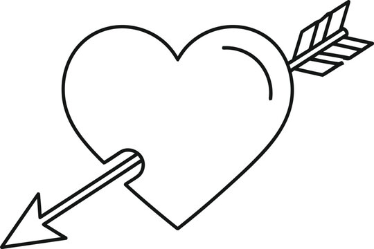 Simple black and white line art icon depicting a classic heart pierced directly through the center by a cupid's arrow symbolizing love and passion.