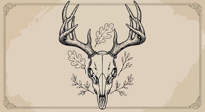 Illustration of a deer skull with antlers and leaves on a beige background with a decorative border.