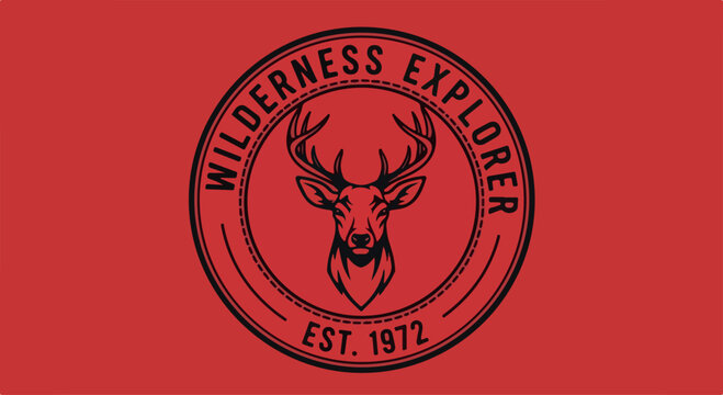 Close-up of a red Wilderness Explorer logo with a deer head on a plain red background.