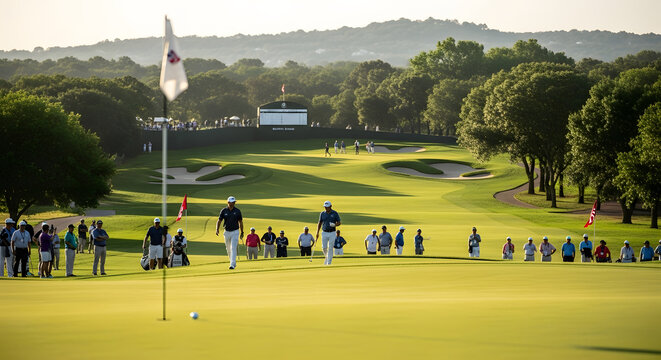 Professional golfers and spectators on a wide fairway during a sunny tournament day with a leaderboard and mountains in the distance