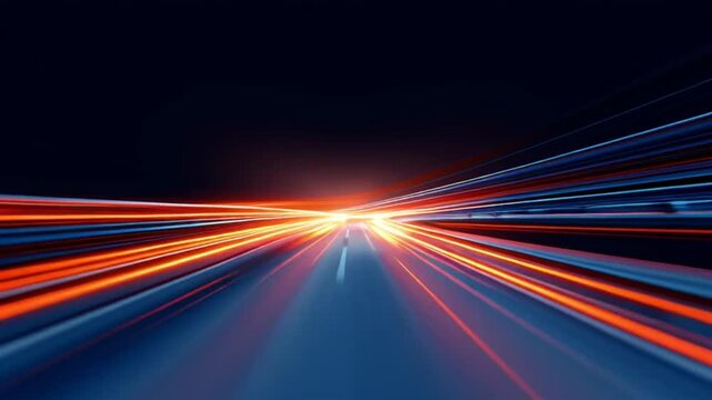 High speed motion blur on a dark road with vibrant light trails.