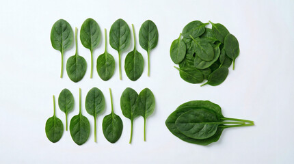 Fototapeta premium Fresh Green Baby Spinach Leaves Pattern Isolated on White Background