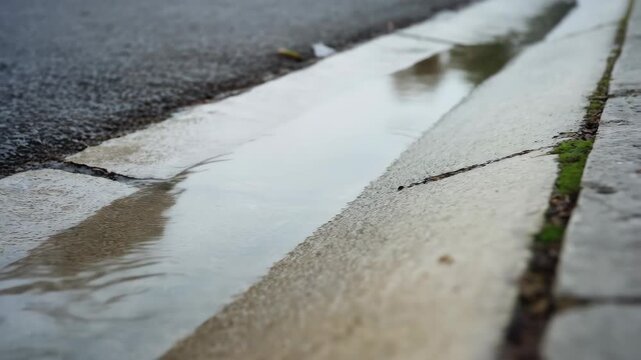 Wet asphalt road with puddles after rain close up texture