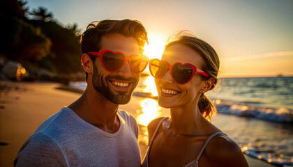 A happy couple in love wearing heart-shaped sunglasses. A symbol of relationships, love, and Valentine's Day.