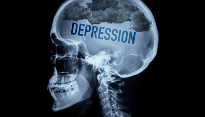 X-ray image of a head, black clouds symbolizing grief and resignation and warning of depression