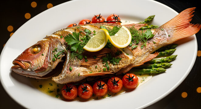 A whole roasted red snapper served on a white plate with asparagus cherry tomatoes and lemon slices