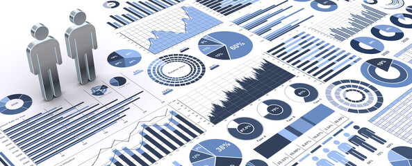 ビジネスチャートやグラフと2体の人型アイコン