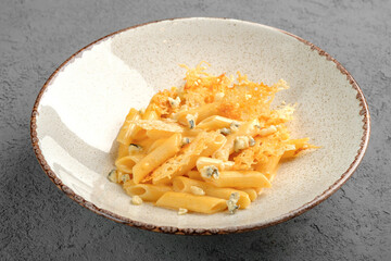 Creamy penne pasta tossed with melted cheeses, blue cheese pieces and baked parmesan crisp on ceramic plate. Rich Italian cheese pasta, decadent gourmet meal, elegant modern plating