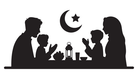 Muslim family silhouette praying for iftar meal during ramadan vector illustration with moon and star icon © Siyam Islam