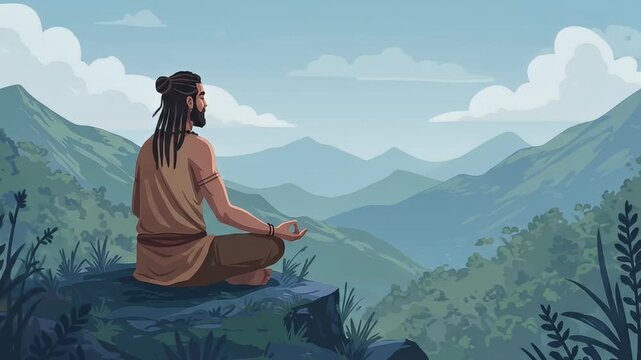 Meditative Man in Mountain Landscape Illustration.