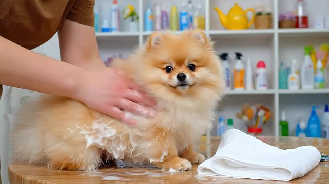 The beauty salon bathes Pomeranian puppies for animals. It bathes the dogs and wipes their tear stains. Bathing helps care for the health of the owners' lovely pets.