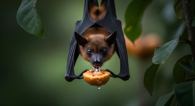 Brown fruit bat hanging upside down eating orange fruit in forest with green leaves