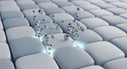 Fototapeta premium Water droplets fall on a grid of white square buttons with glowing effect