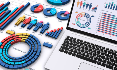 3Dのビジネスグラフとノートパソコン