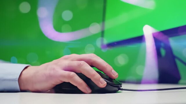 Green Screen office guy using chromakey computer closeup worker hand holding mouse device scene 2 with distortion, overlay, glitch, static noise, scan lines on black background, 4k animated video loop