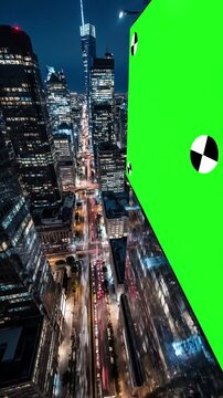 Green Screen aerial top view of skyscrapers and build board with tracking point bird modern city at night streets scene 2 distortion, overlay, glitch, static noise, scan lines on black background, 4k