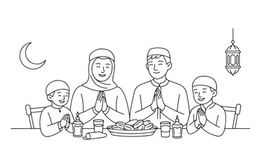 Naklejka premium Muslim family praying together at table with food and crescent moon decoration