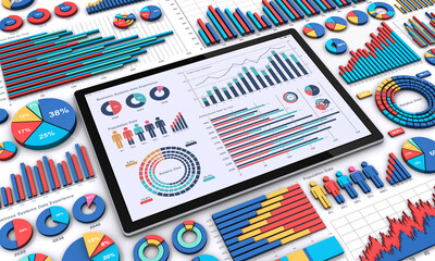 3Dのビジネスグラフとタブレットコンピューター