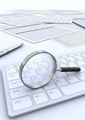 虫メガネとキーボードとビジネス書類