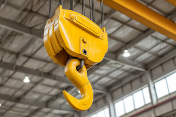 Yellow industrial crane hook hanging inside factory warehouse
