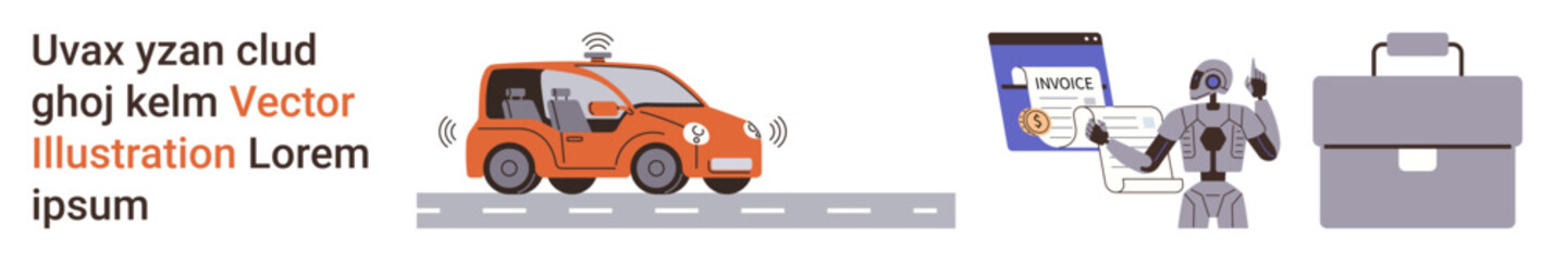 Fototapeta premium Automation, artificial intelligence, business process, automated vehicles, technology integration, digital workforce. Driverless car on road, AI robot handling invoice and business case. Automation