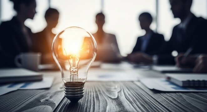 Brainstorming session with light bulb and brain creative idea generation teamwork